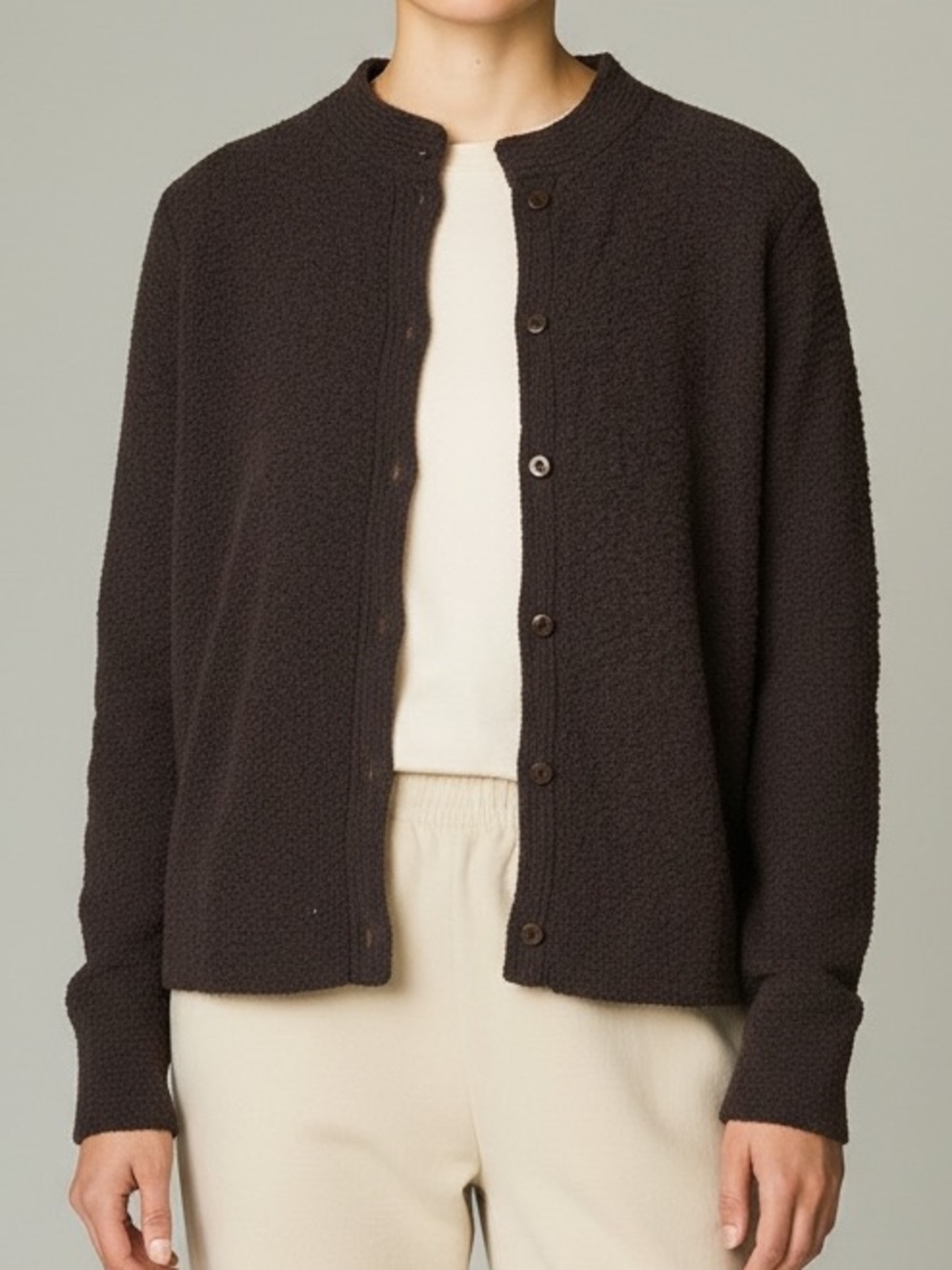 Eileen Fisher Wool Blend Textured Button Front Cardigan Size S In Coffee Brown